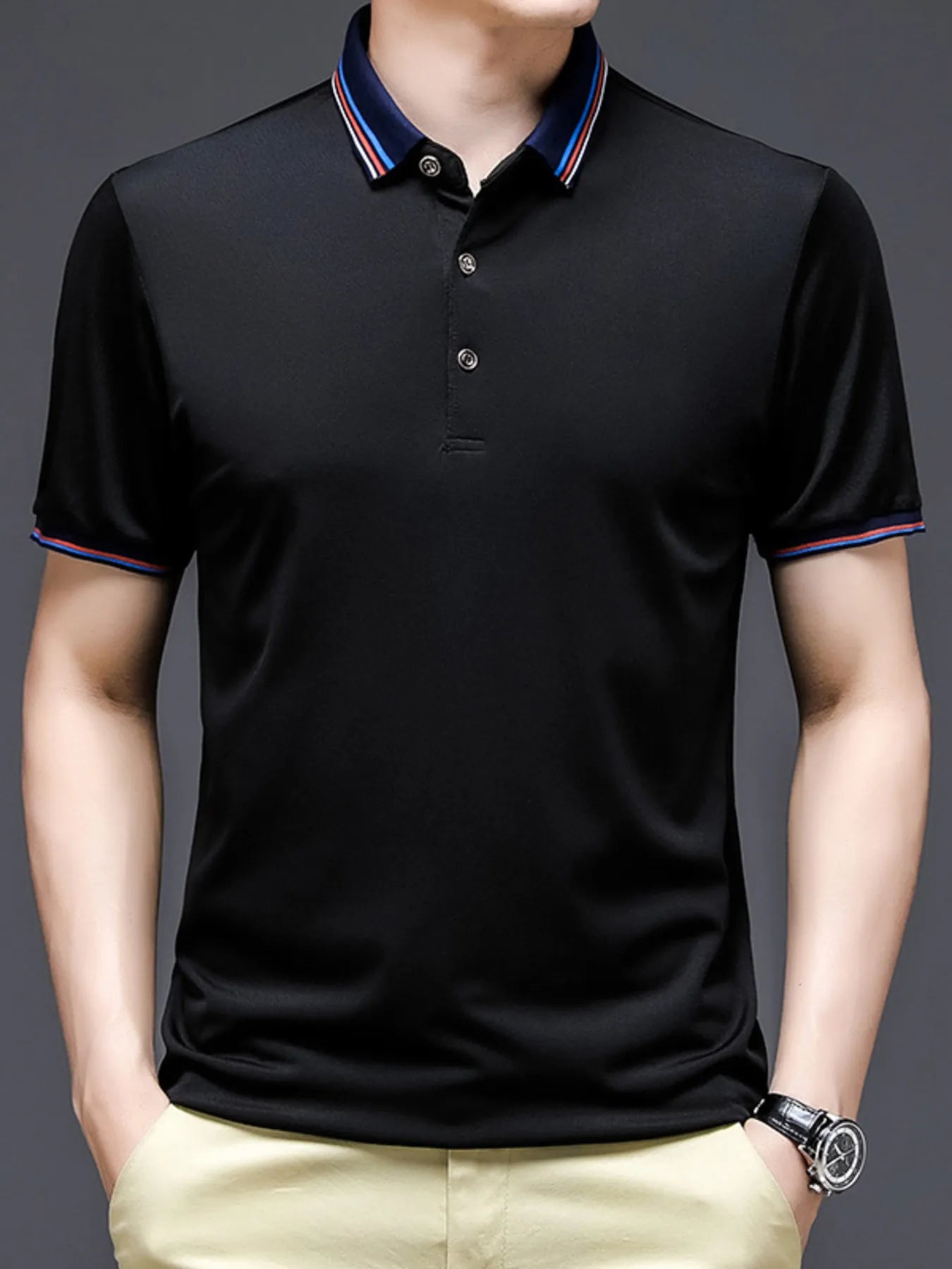 Men's Plus Size Contrast Striped Collar Short Sleeve Polo