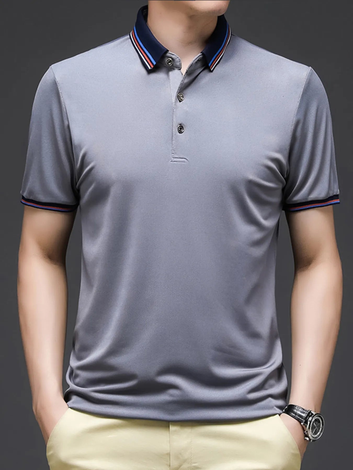 Men's Plus Size Contrast Striped Collar Short Sleeve Polo