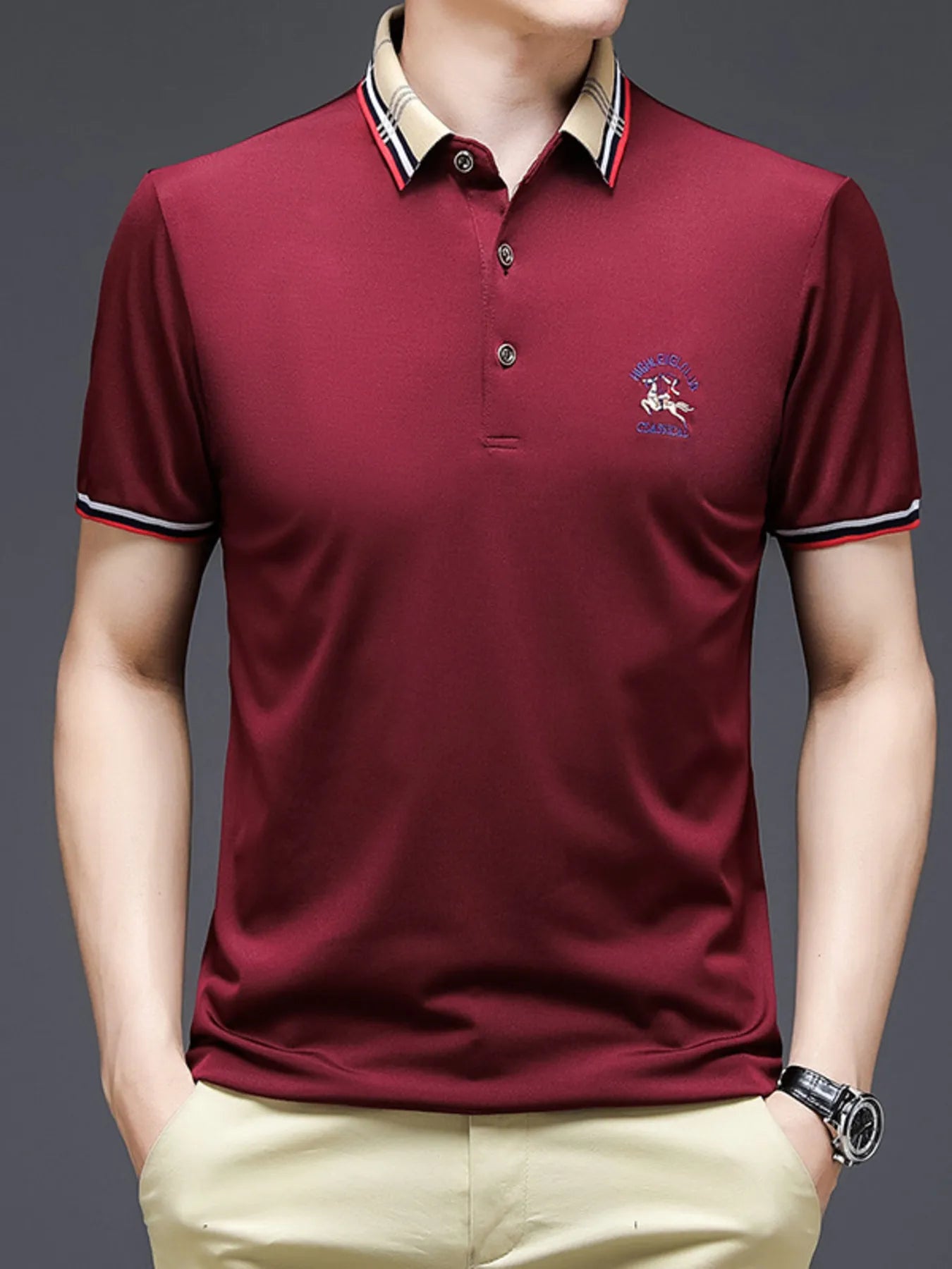 Men's Plus Size Striped Collar Short Sleeve Polo Shirt