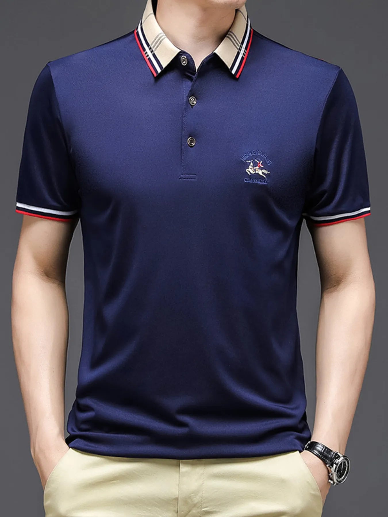 Men's Plus Size Striped Collar Short Sleeve Polo Shirt