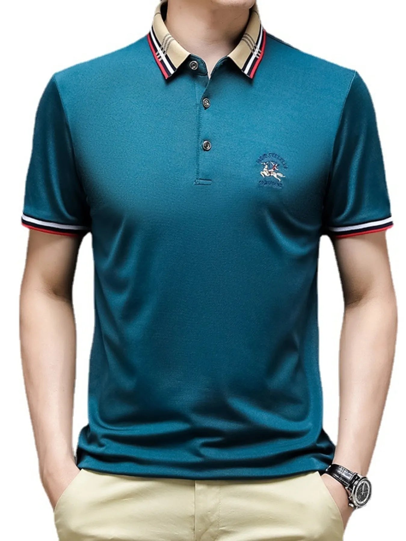 Men's Plus Size Striped Collar Short Sleeve Polo Shirt