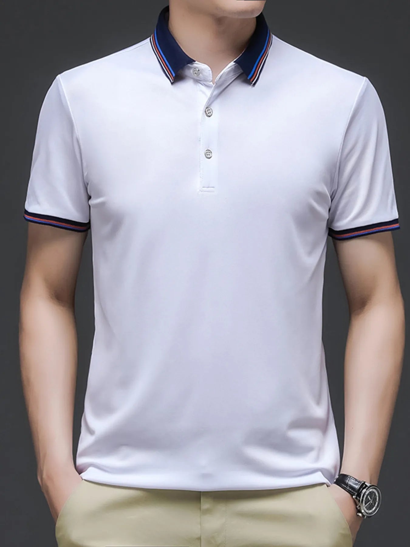 Men's Plus Size Contrast Striped Collar Short Sleeve Polo