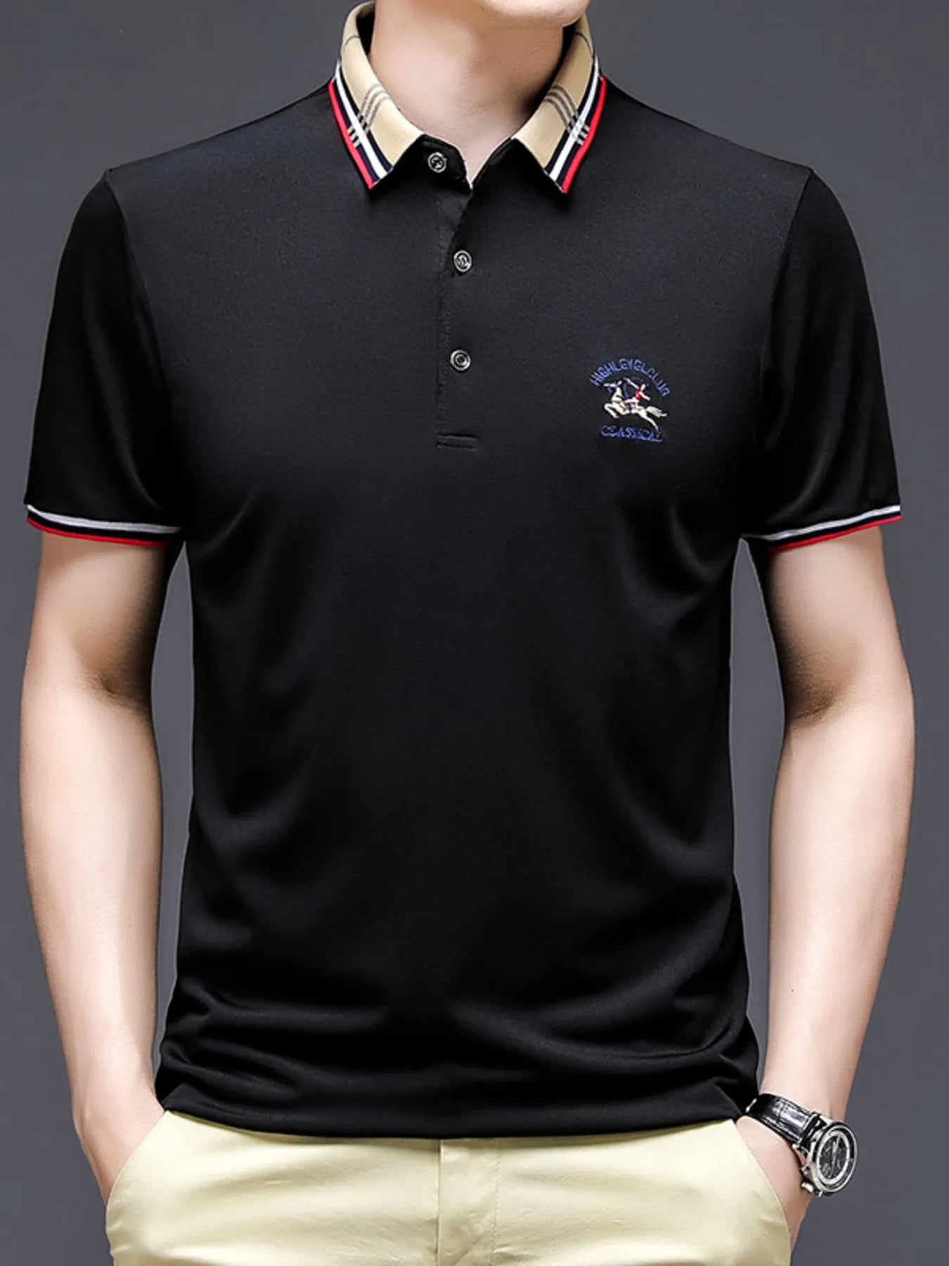 Men's Plus Size Striped Collar Short Sleeve Polo Shirt