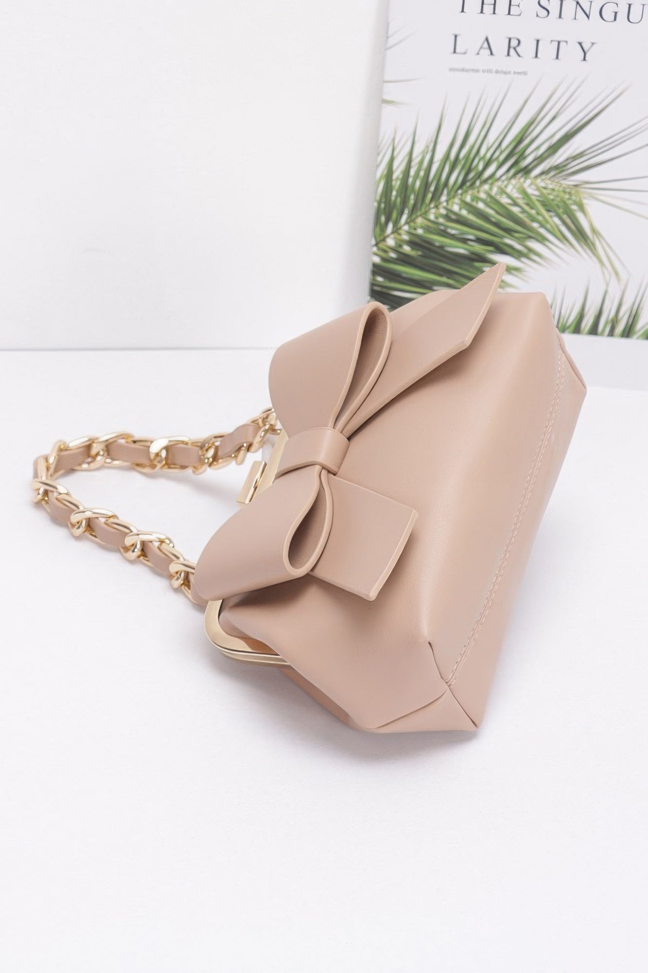 Faux Leather Ribbon Chain Handle Party Clutch