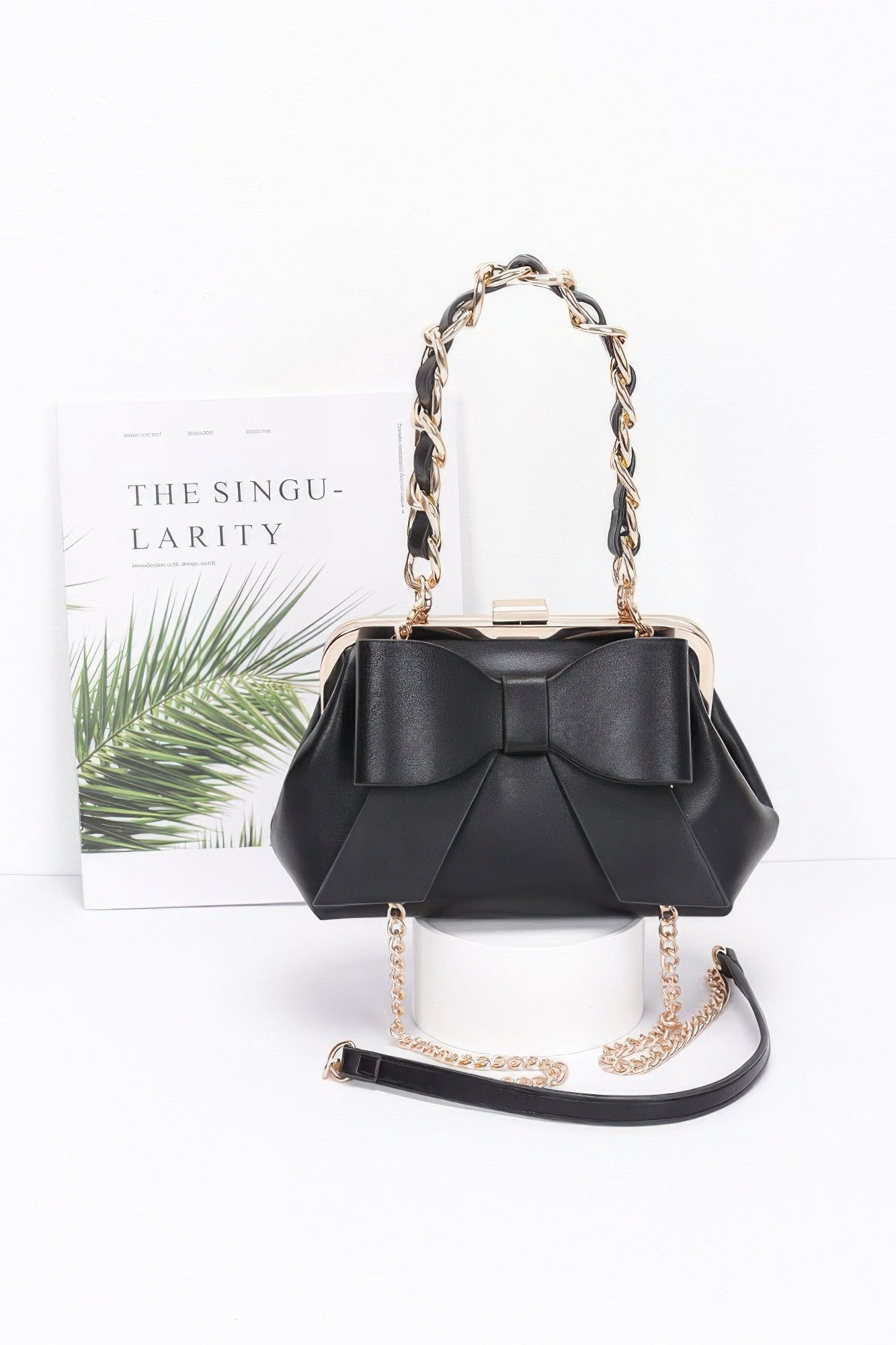 Faux Leather Ribbon Chain Handle Party Clutch
