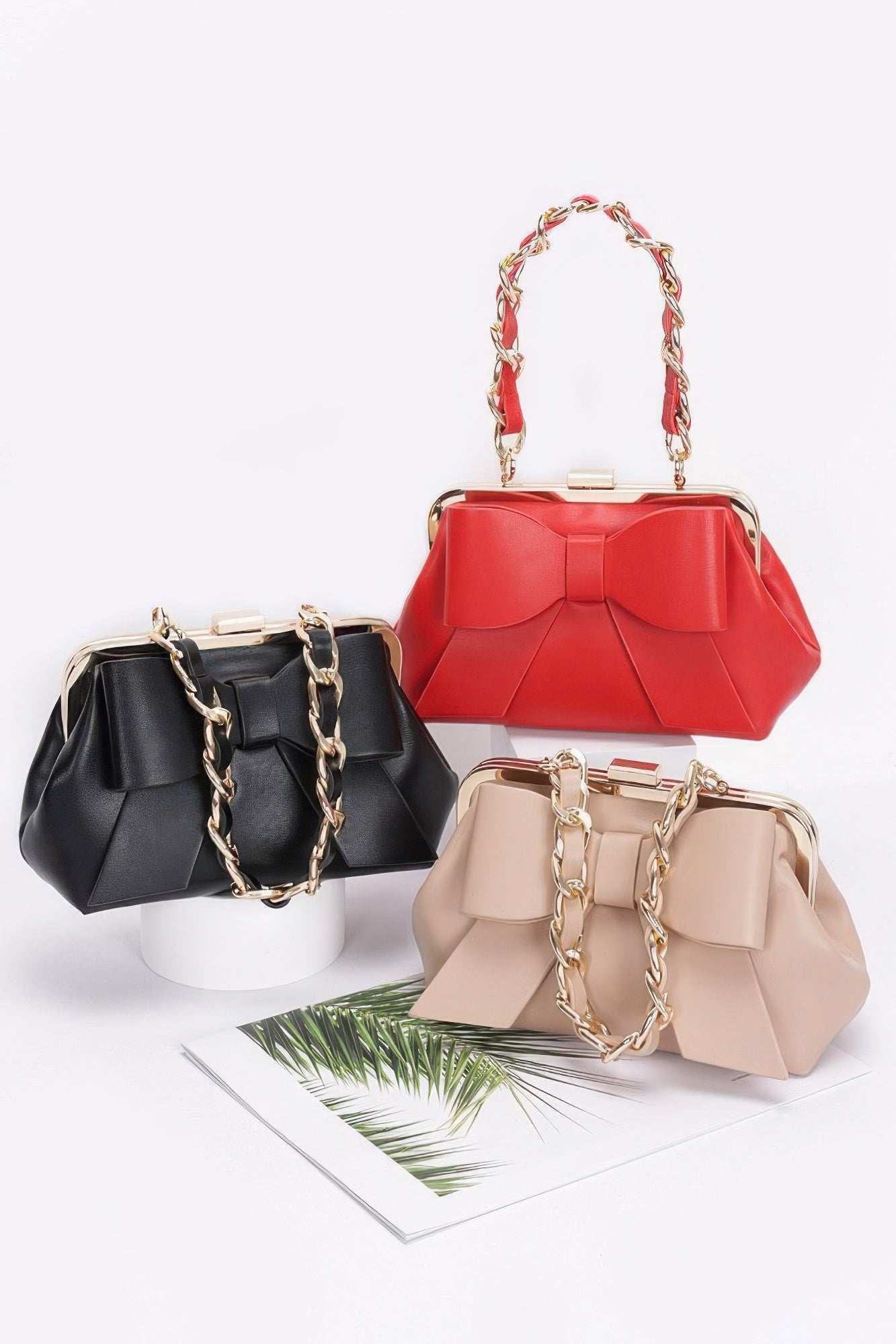 Faux Leather Ribbon Chain Handle Party Clutch