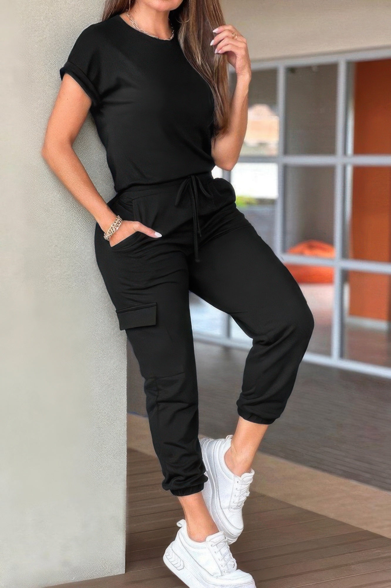 Crew Neck Short Sleeve Drawstring Waist Jumpsuit