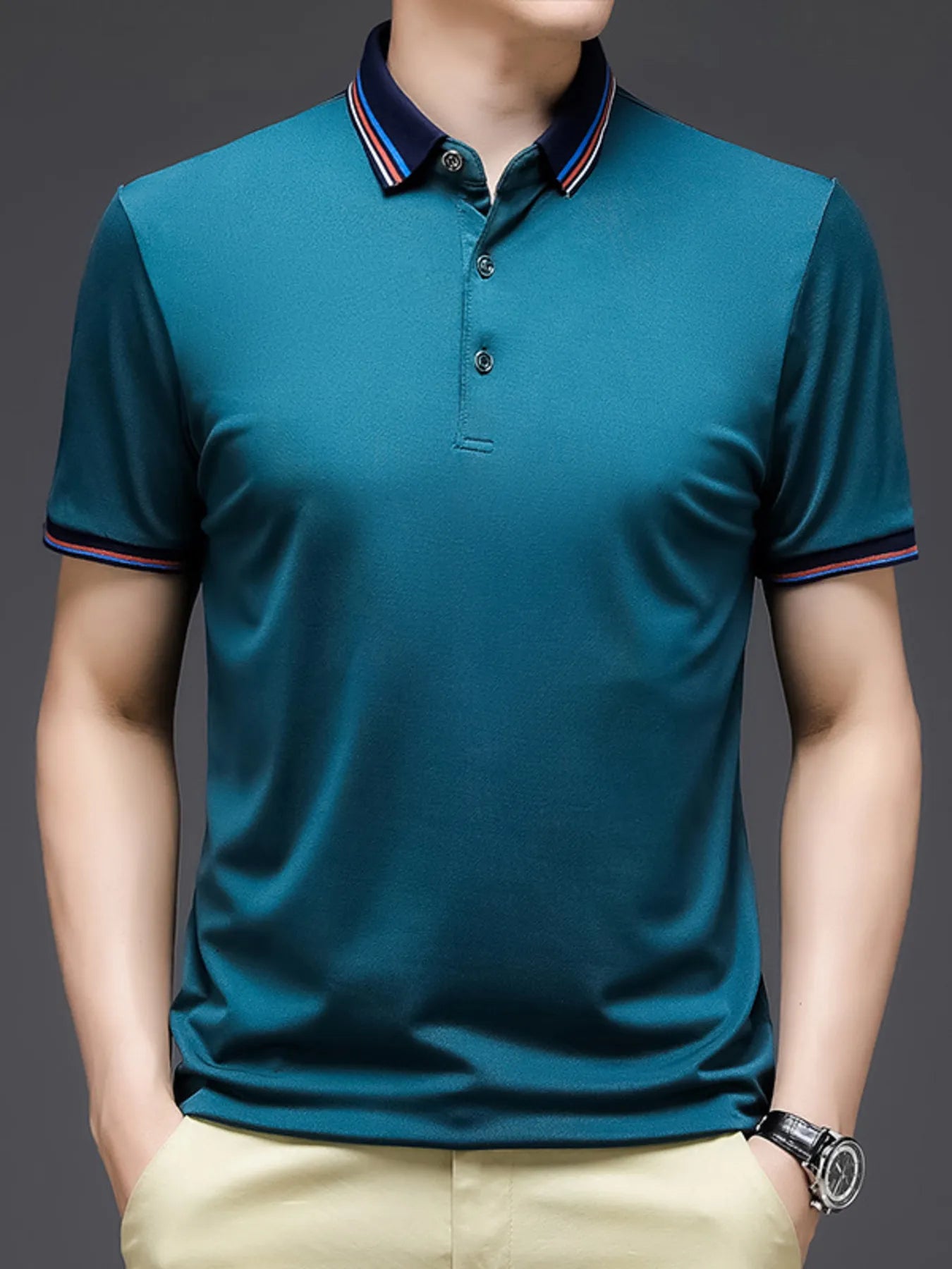 Men's Plus Size Contrast Striped Collar Short Sleeve Polo