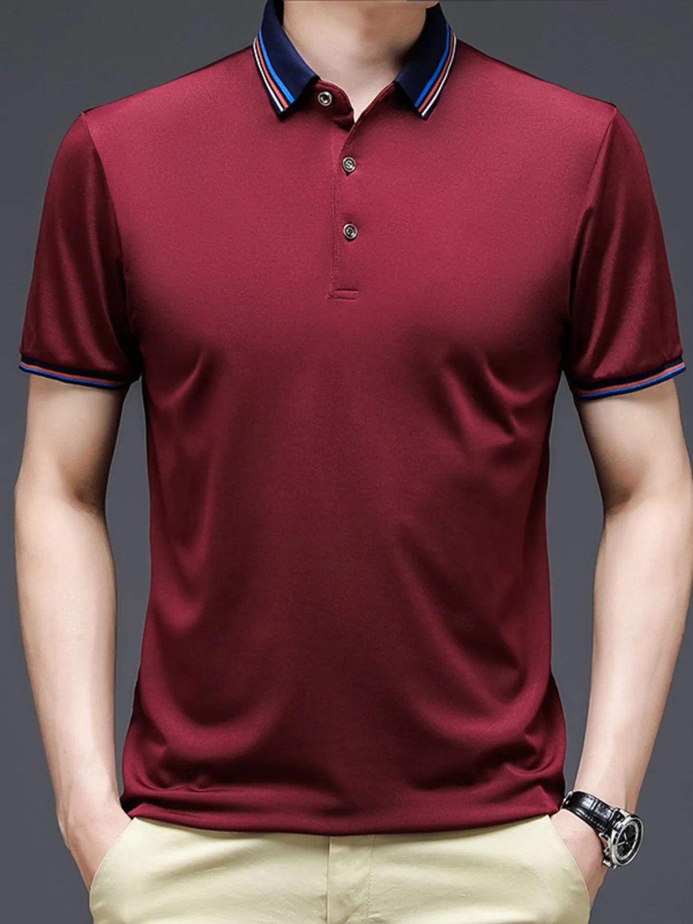 Men's Plus Size Contrast Striped Collar Short Sleeve Polo