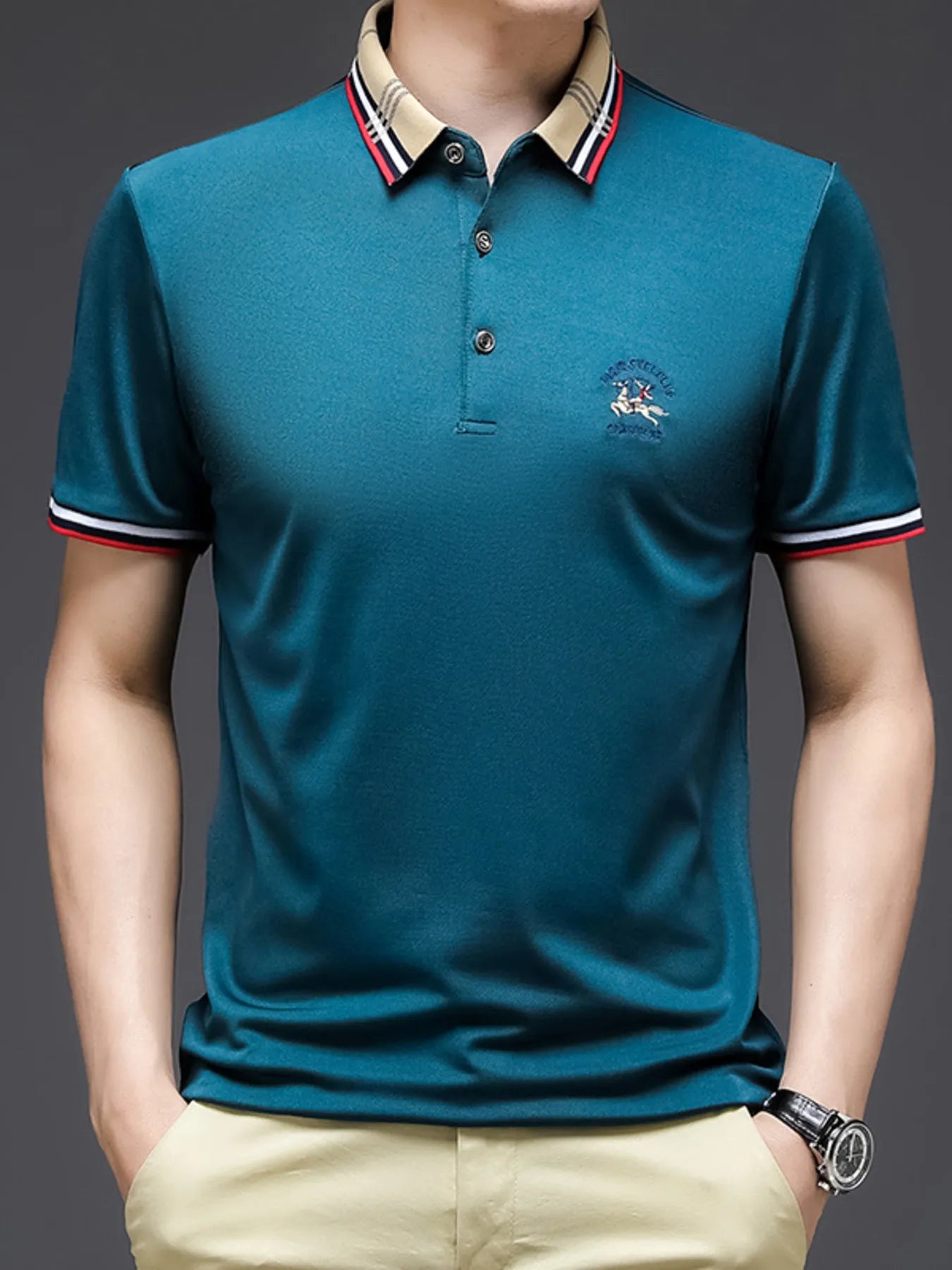 Men's Plus Size Striped Collar Short Sleeve Polo Shirt