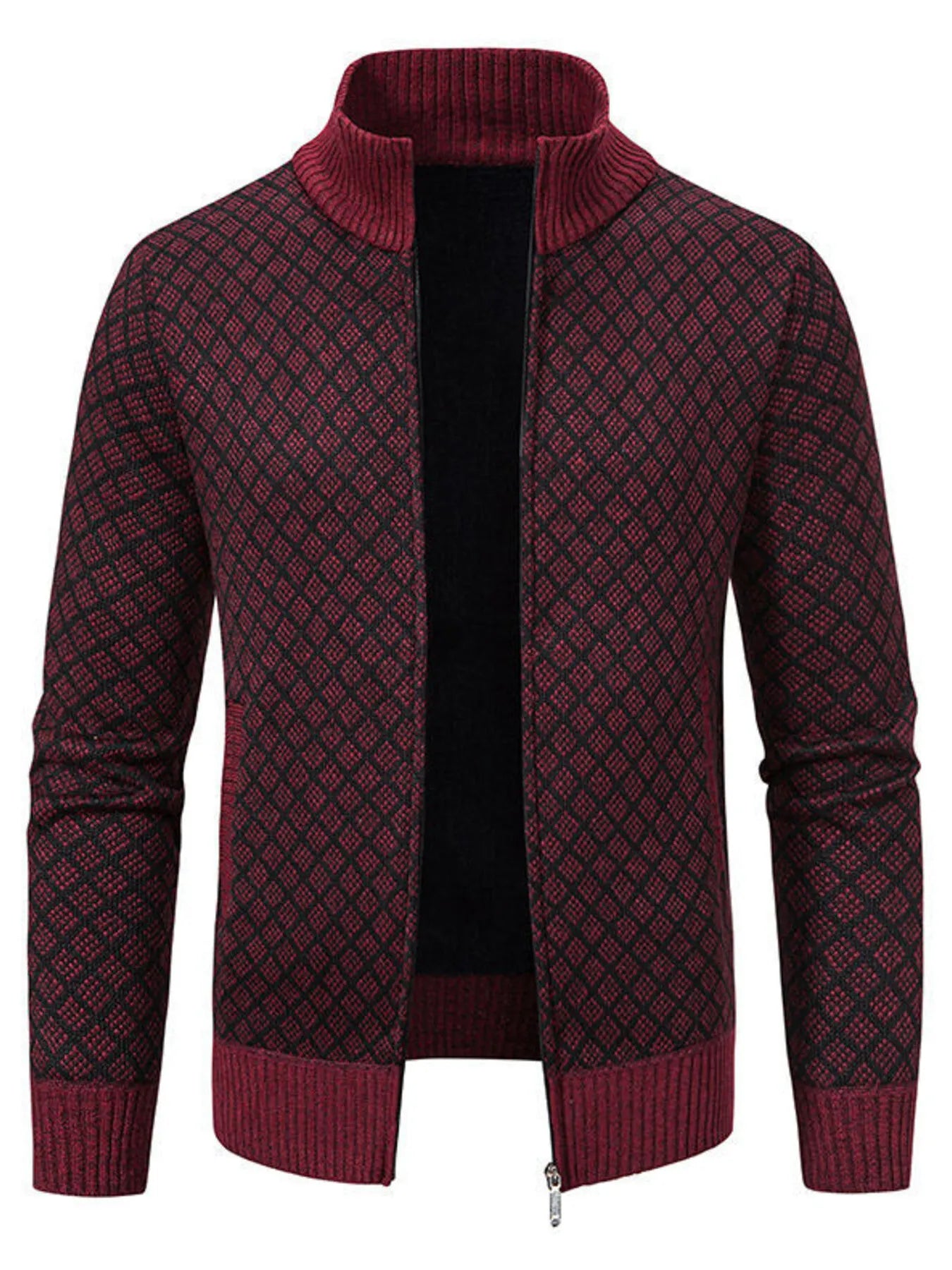 Men's Plus Size Diamond Pattern Zip-Up Knit Cardigan