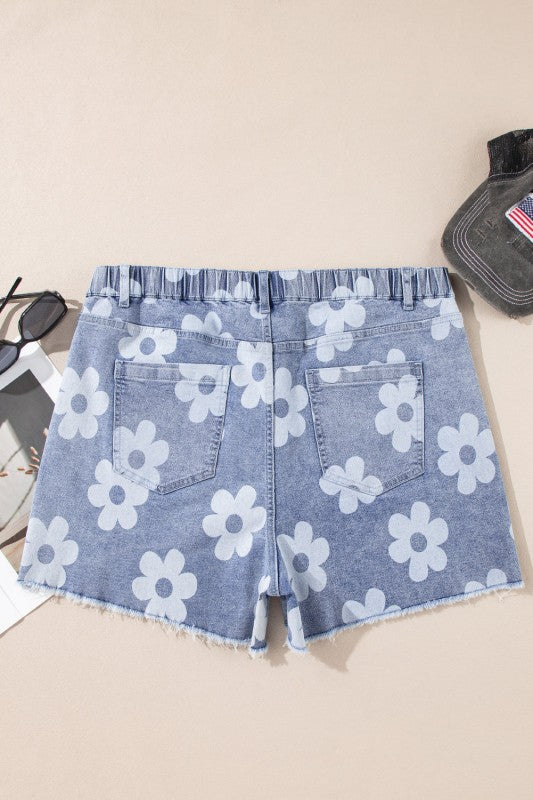 Plus Size Floral High Waist Denim Shorts