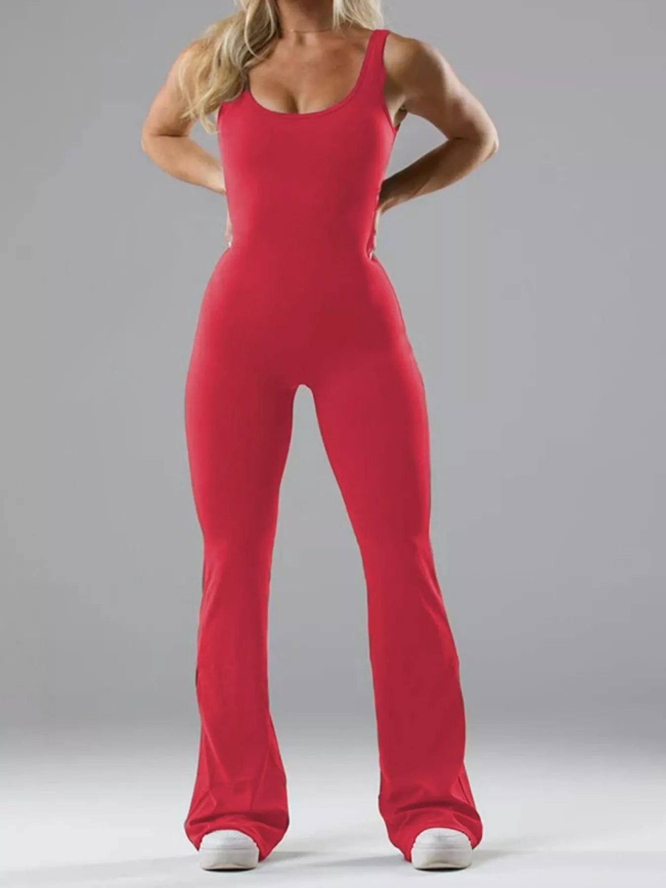 Seamless Scoop Neck Active Jumpsuit with Flared Leg Design