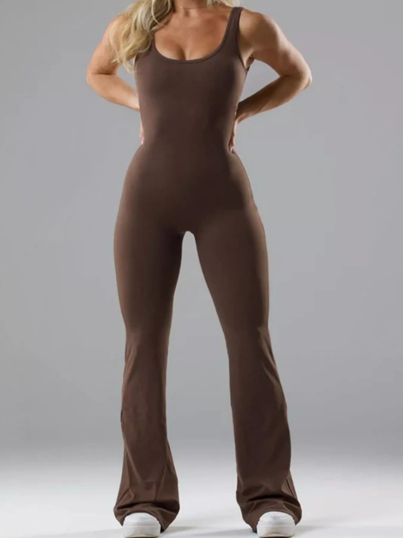 Seamless Scoop Neck Active Jumpsuit with Flared Leg Design