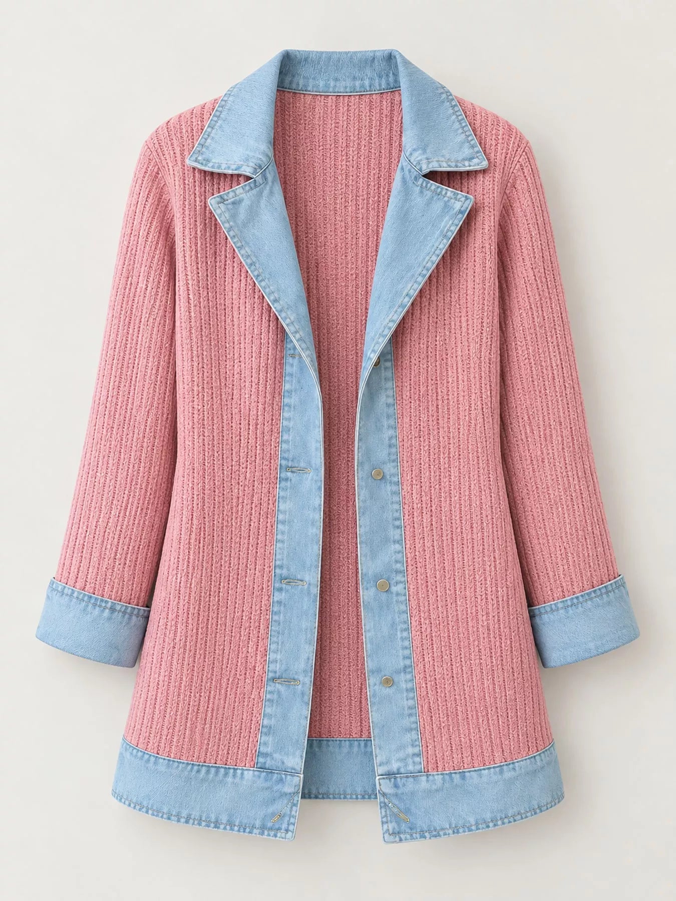 Full Size Denim Trim Ribbed Knit Cardigan Plus Size