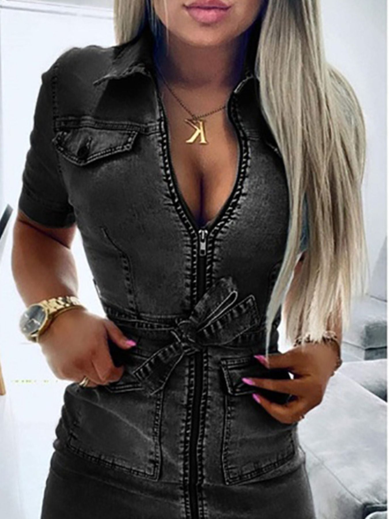 Zipper Front Short Sleeve Denim Dress