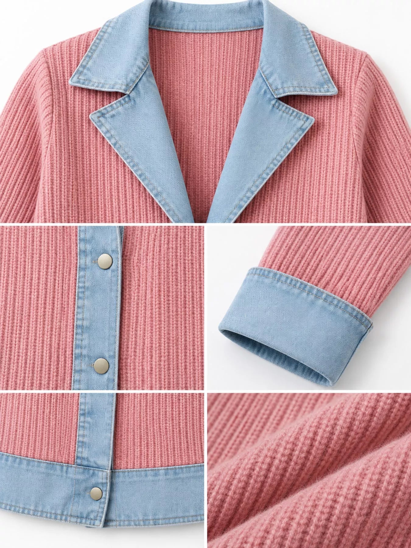 Full Size Denim Trim Ribbed Knit Cardigan Plus Size