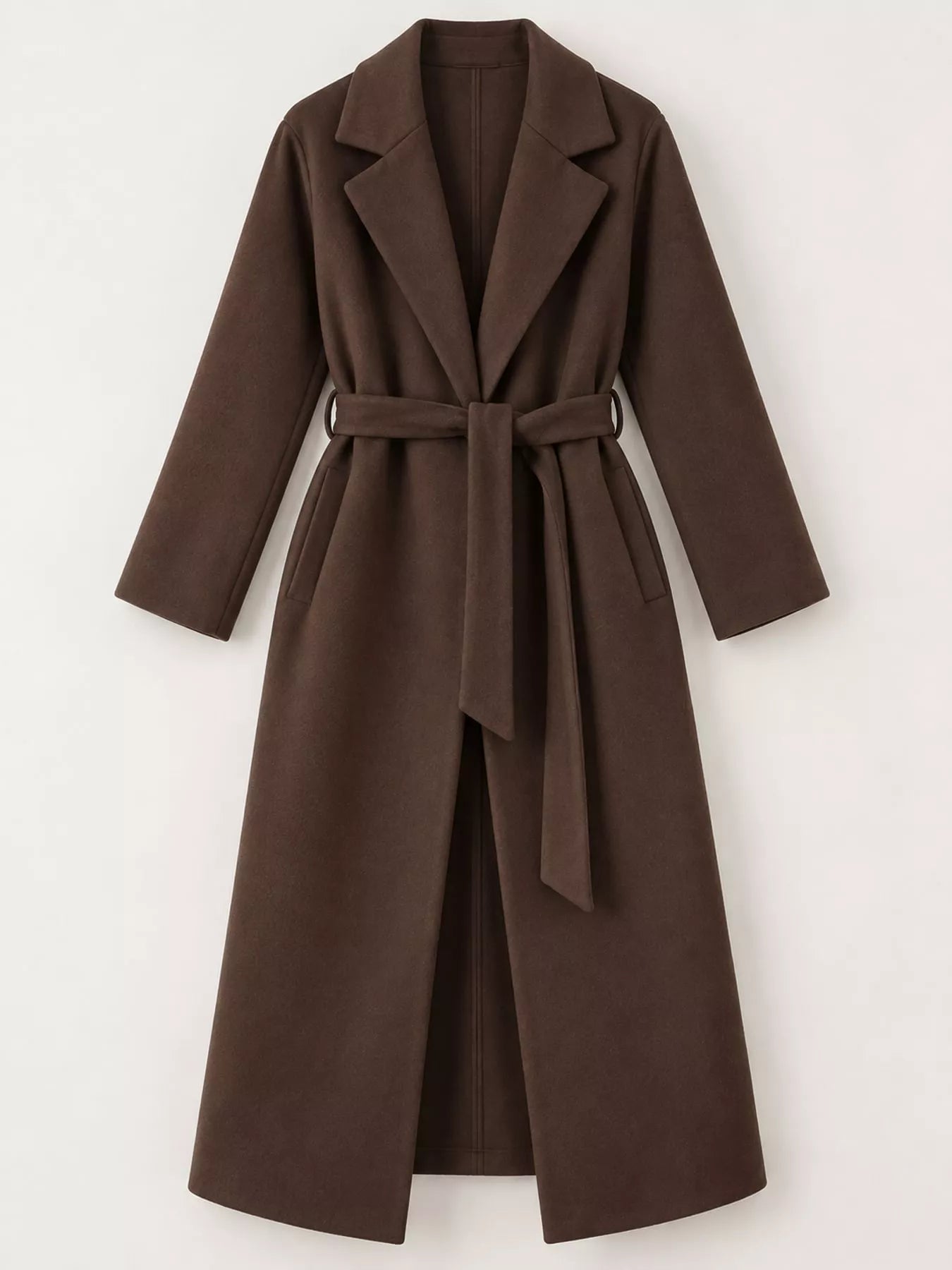 Lapel Collar Long Sleeve Belted Coat