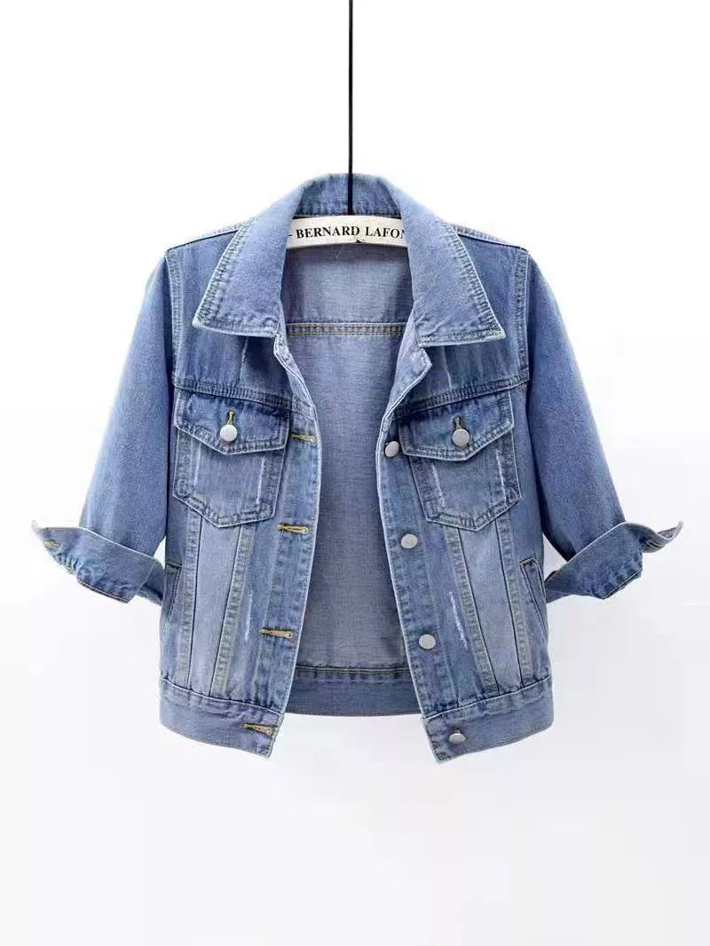 Full Size Distressed Mid-Sleeve Denim Jacket Plus Size