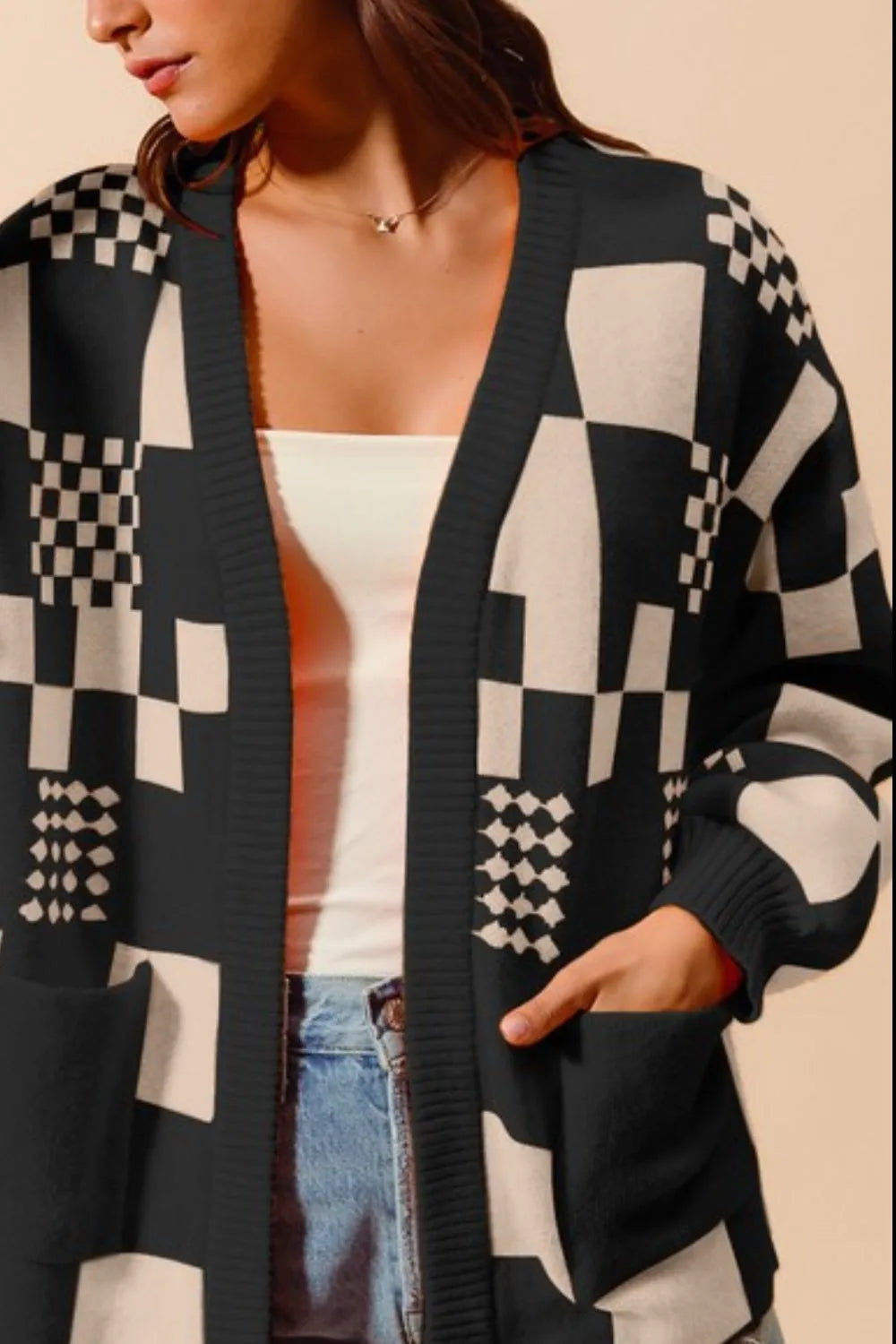 SO ME Checkered Open Front Cardigan with Pockets