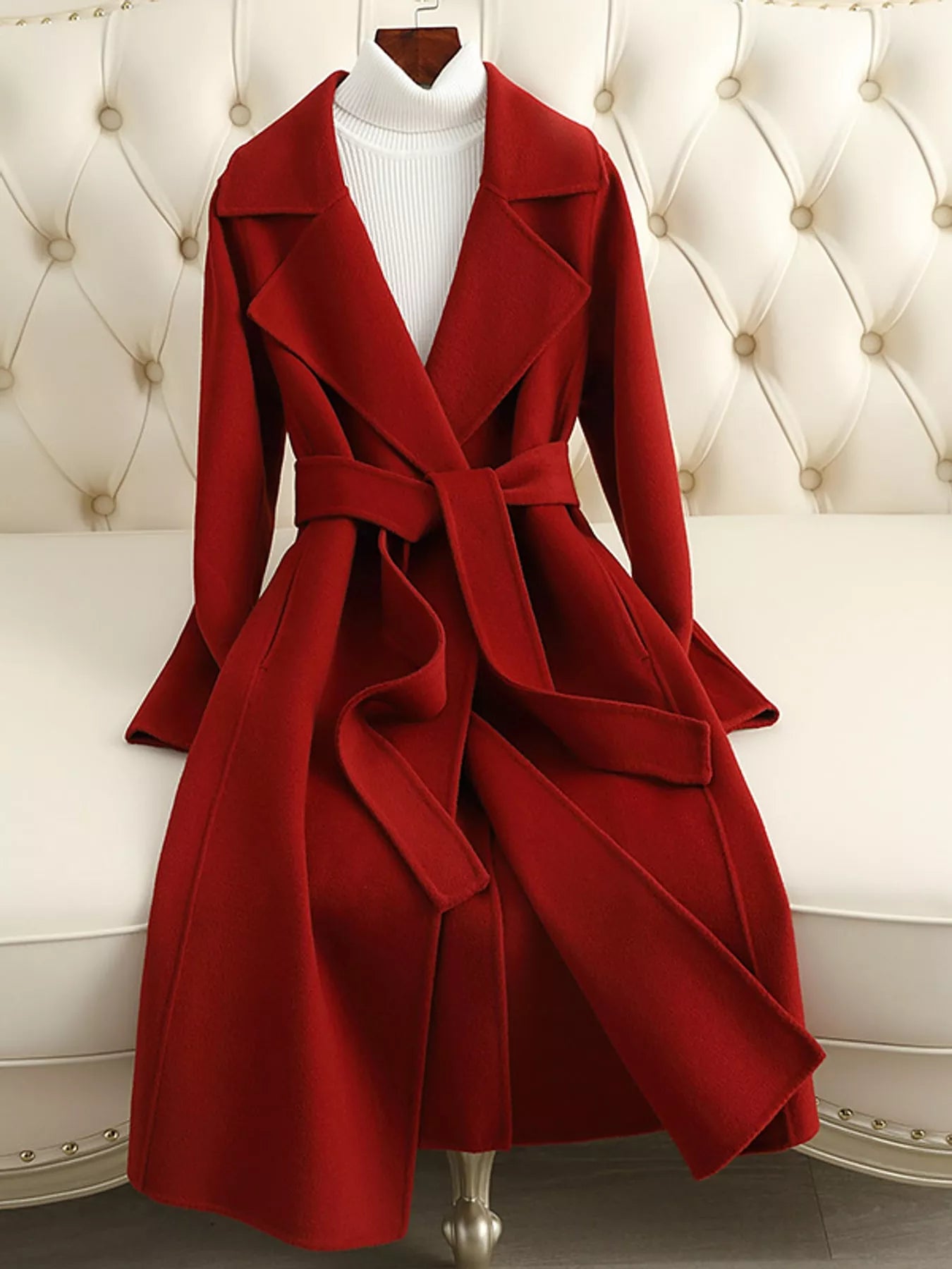 Longline Wool Coat with Waist-Defining Belt