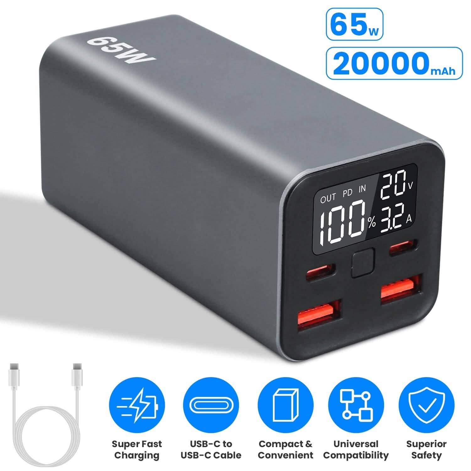 20000mah 65W USB-C PD Laptop Power Bank Fast Charging