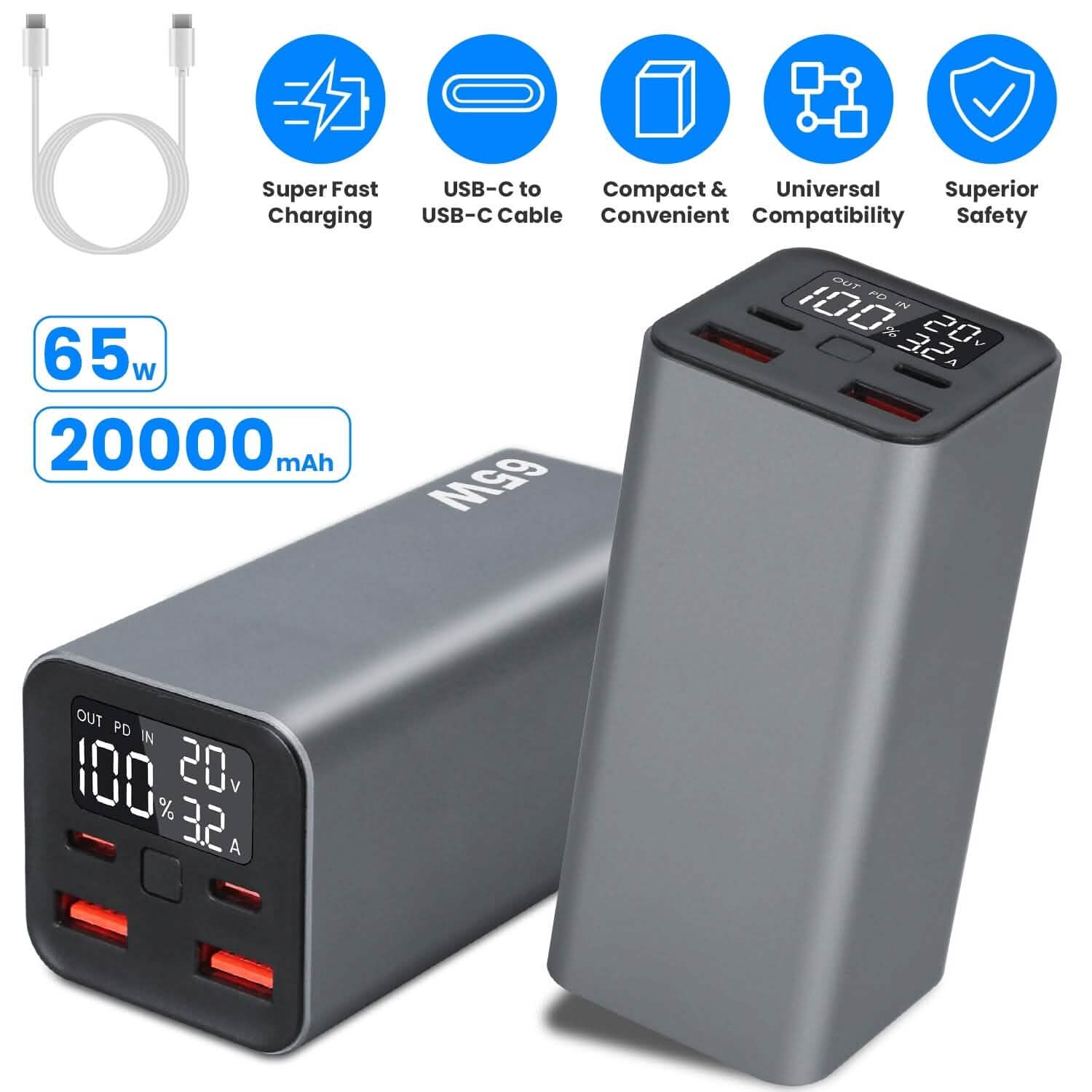 20000mah 65W USB-C PD Laptop Power Bank Fast Charging