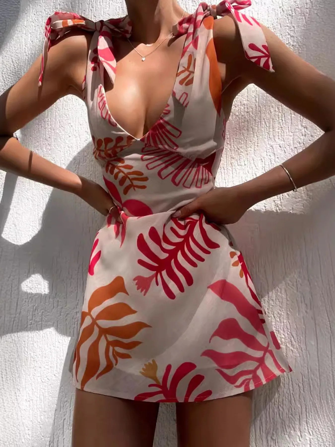 Printed Tie-Shoulder Mini Dress