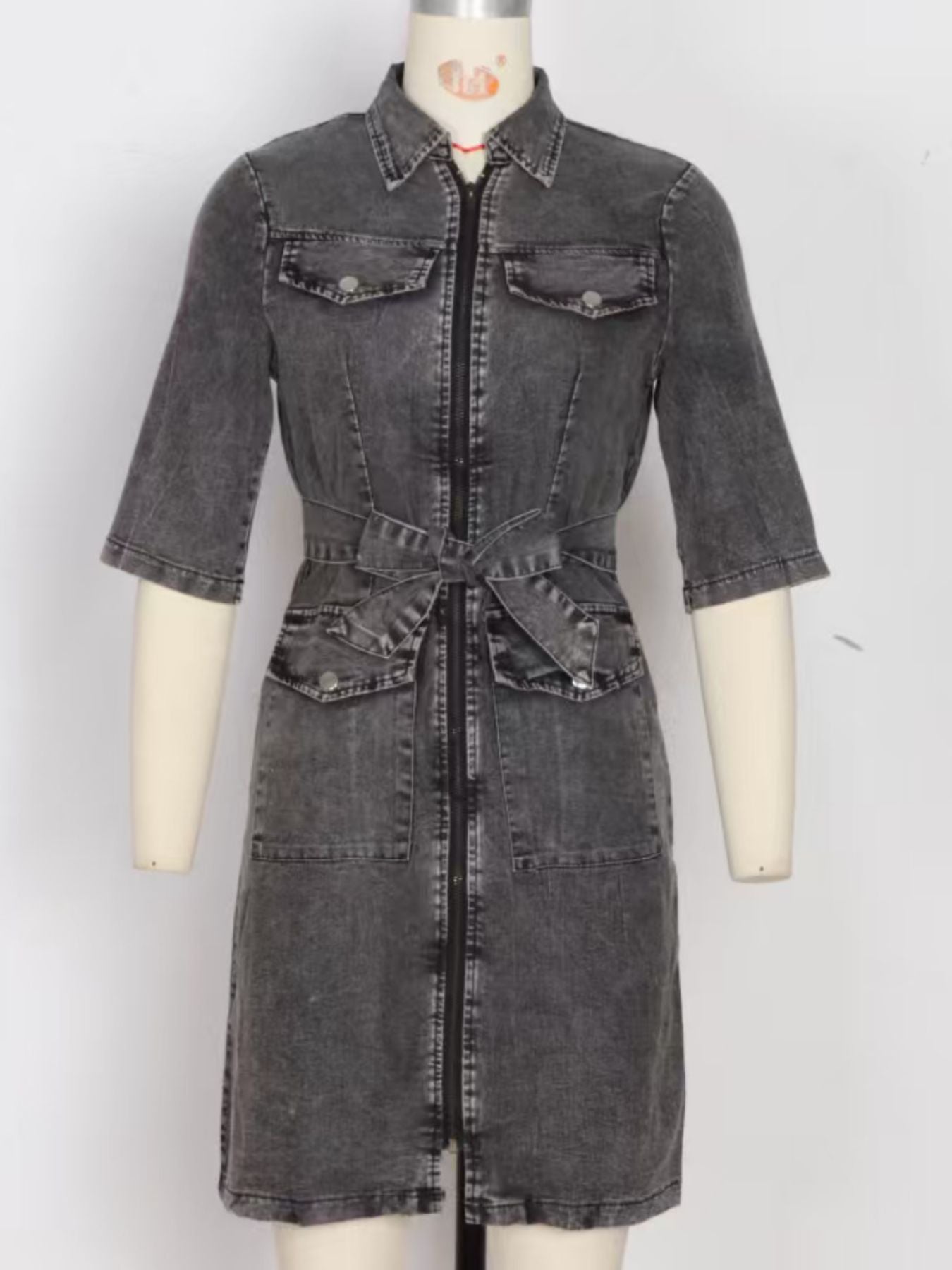 Zipper Front Short Sleeve Denim Dress