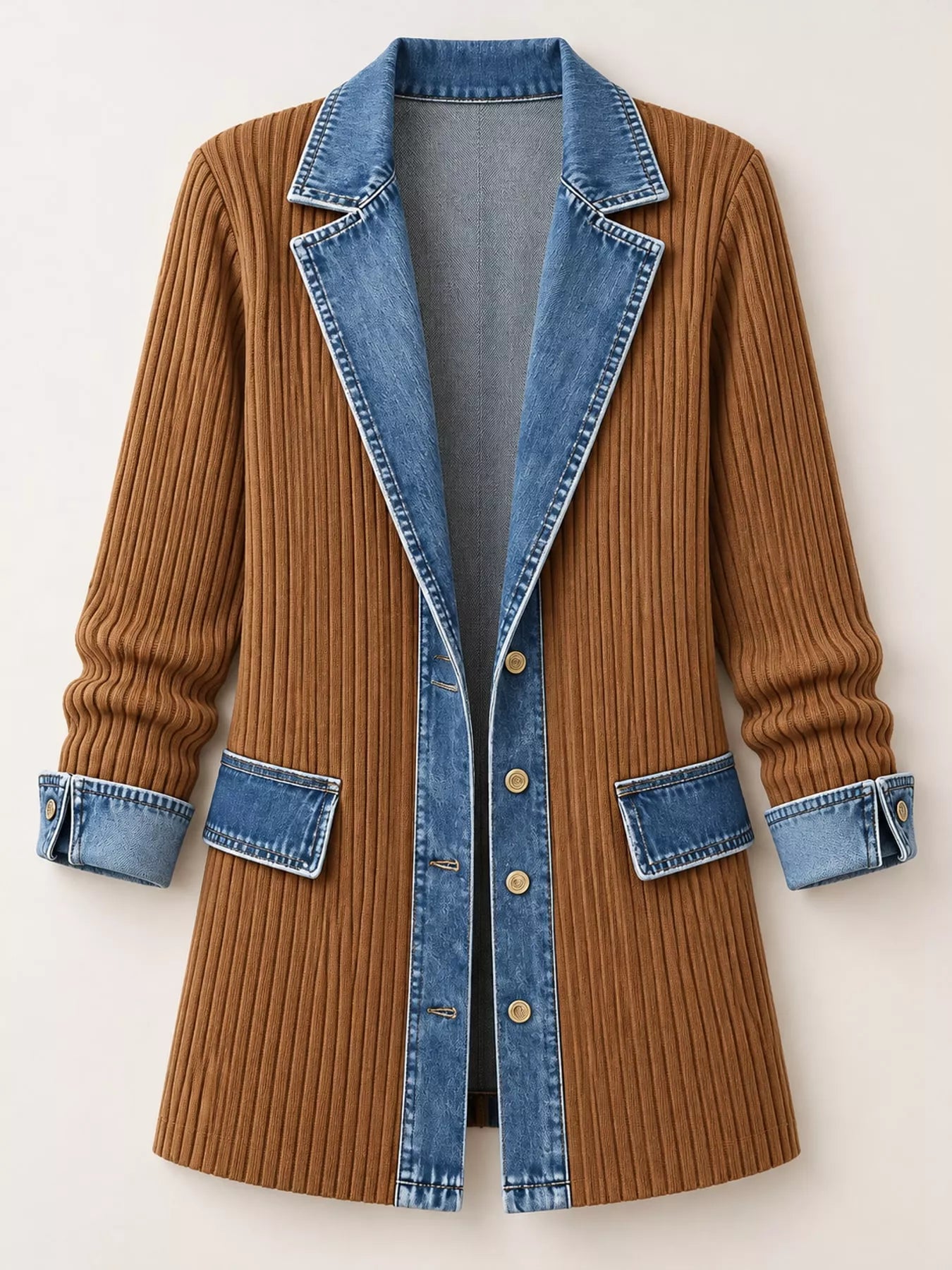 Full Size Denim Trim Ribbed Knit Cardigan Plus Size