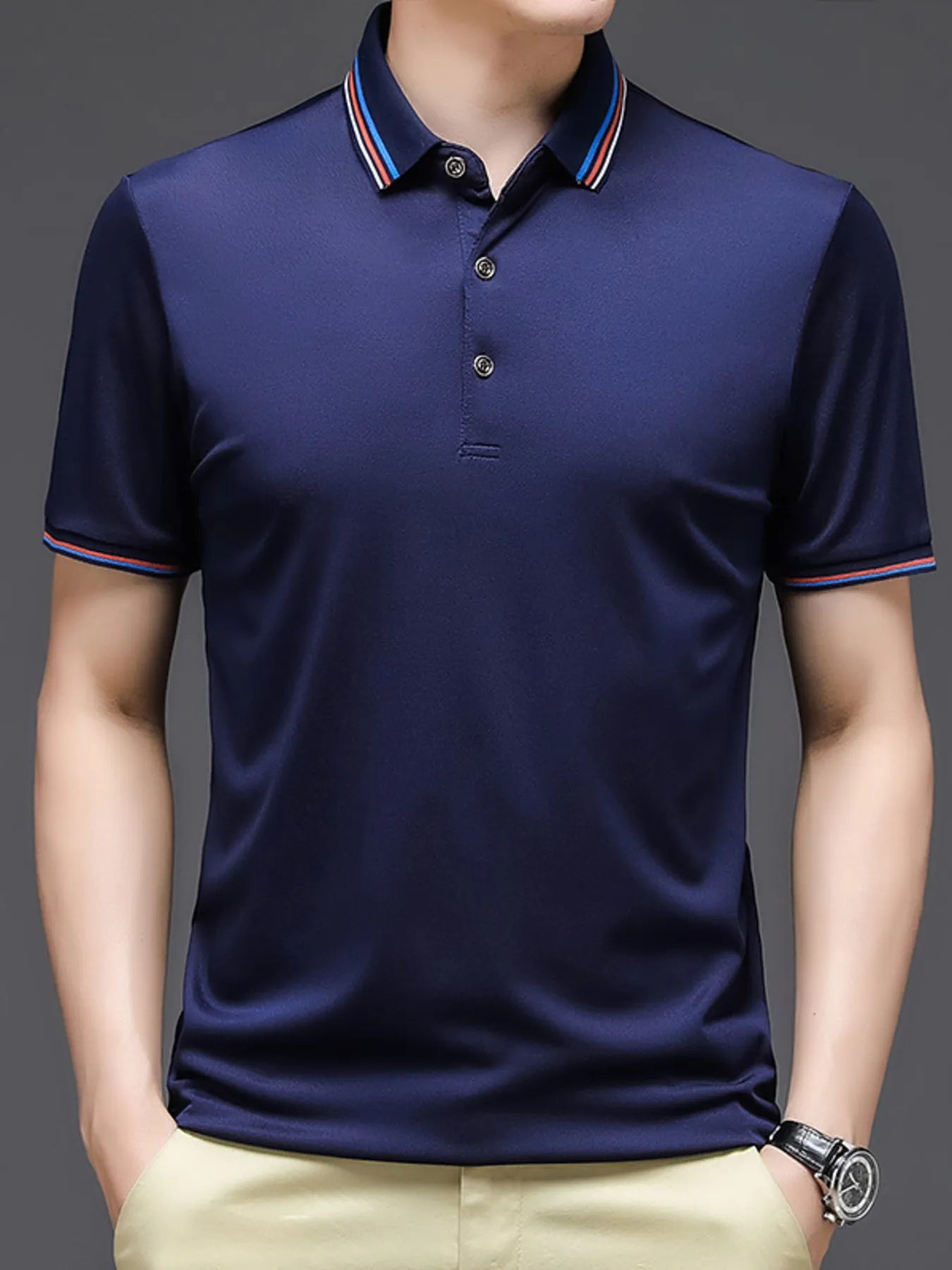 Men's Plus Size Contrast Striped Collar Short Sleeve Polo