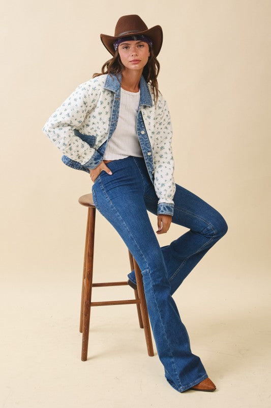Floral Quilted Denim Trim Jacket