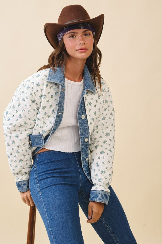 Floral Quilted Denim Trim Jacket