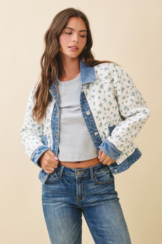 Floral Quilted Denim Trim Jacket