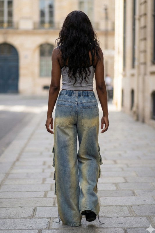 Laced Cargo Wide-Leg Denim Jeans