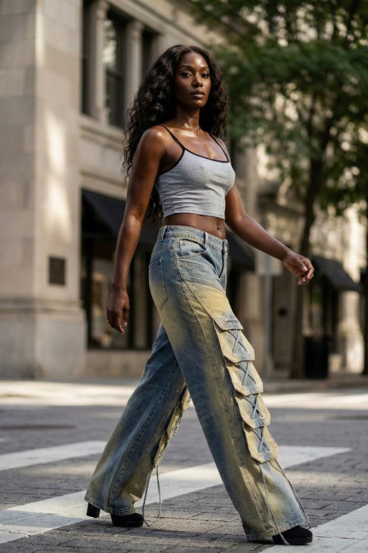 Laced Cargo Wide-Leg Denim Jeans