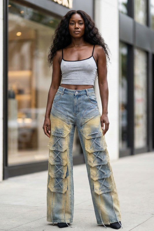 Laced Cargo Wide-Leg Denim Jeans