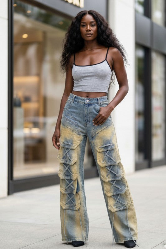 Laced Cargo Wide-Leg Denim Jeans