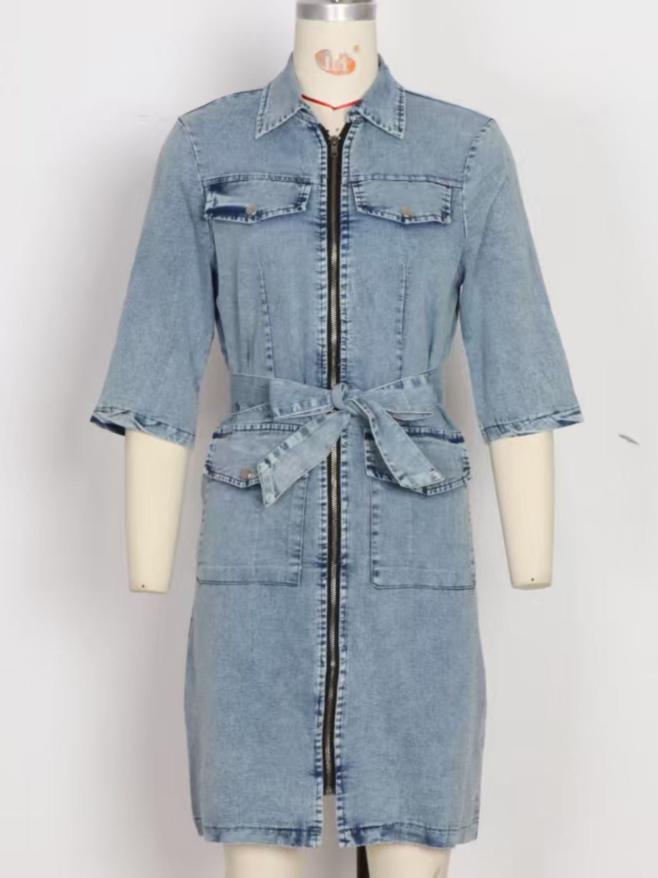 Zipper Front Short Sleeve Denim Dress
