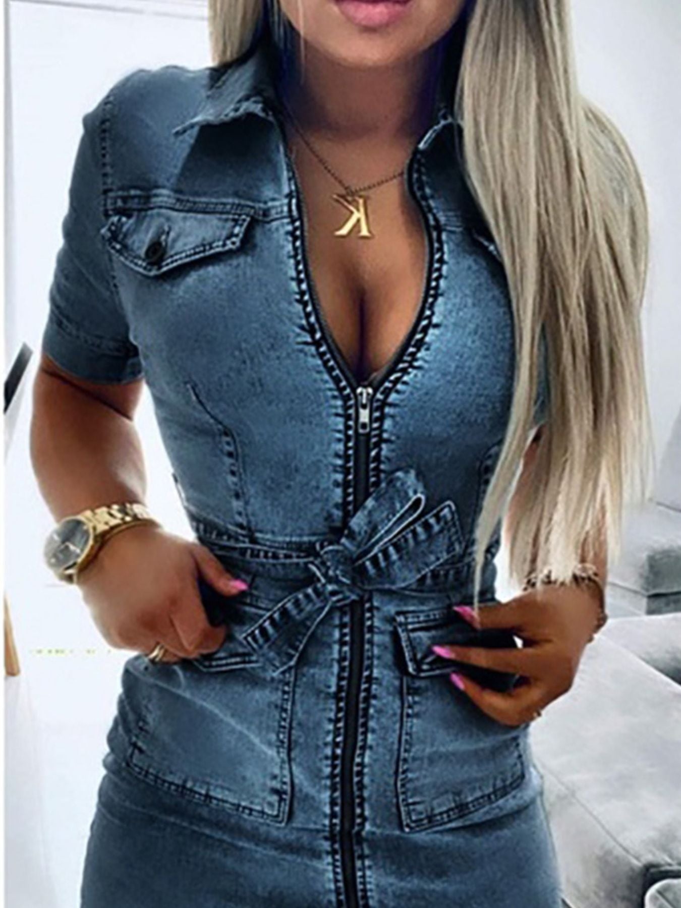 Zipper Front Short Sleeve Denim Dress