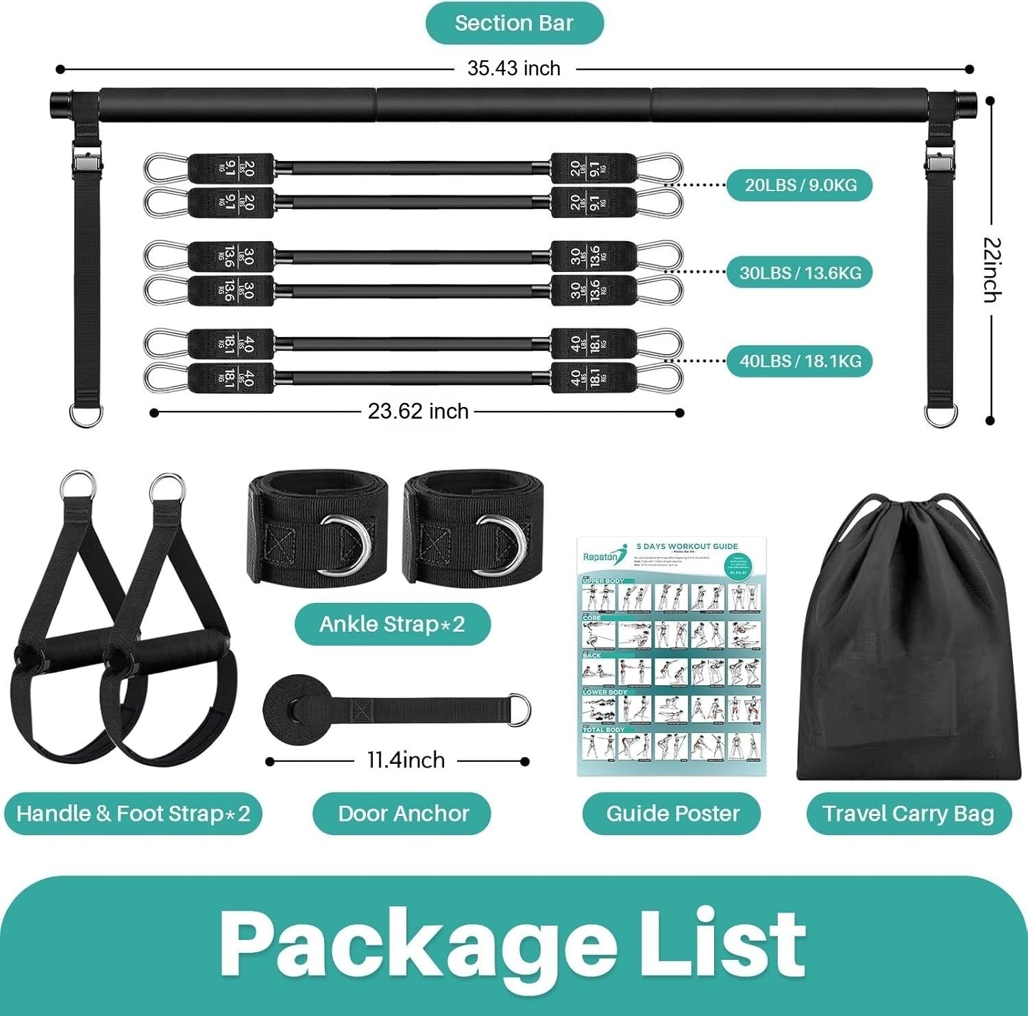 Pilates Bar Kit With 6 Resistance Bands Home Gym Fitness Training Workout Set