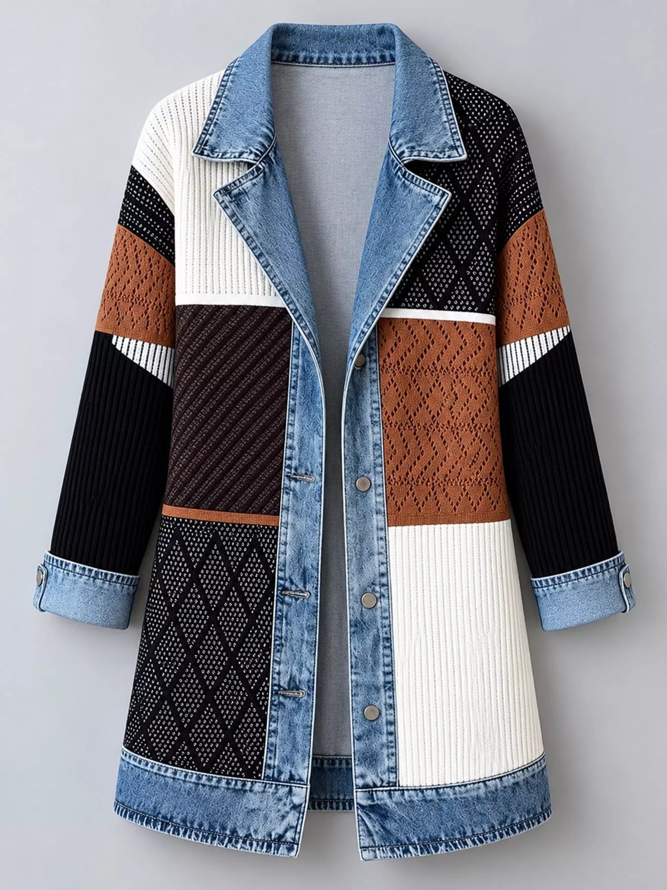 Full Size Denim Trim Ribbed Knit Cardigan Plus Size