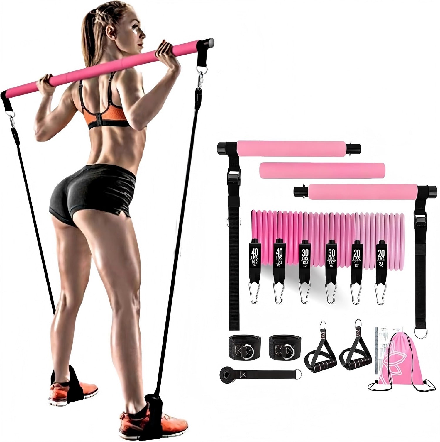 Pilates Bar Kit With 6 Resistance Bands Home Gym Fitness Training Workout Set
