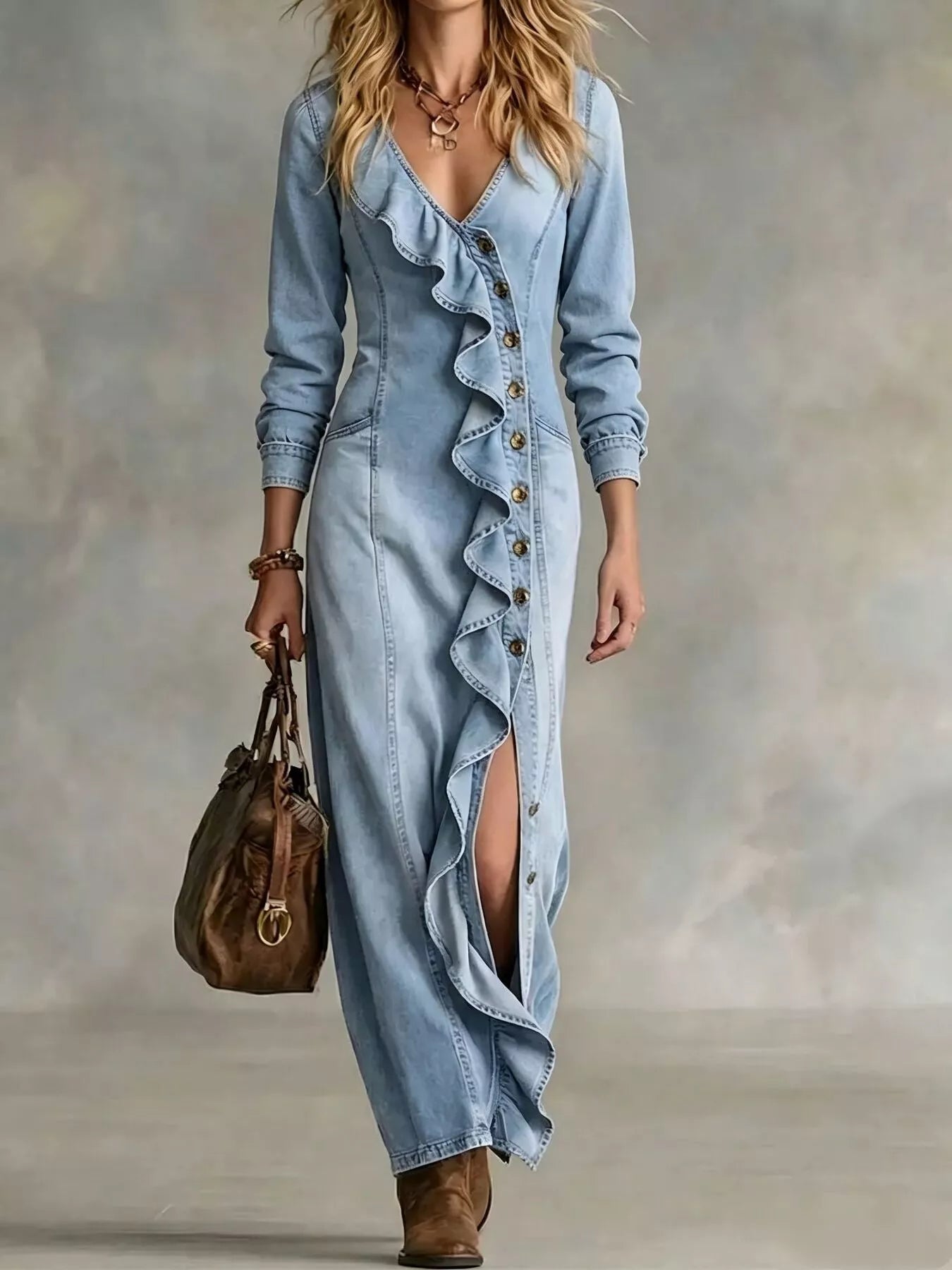Ruffled V-Neck Denim Maxi Dress