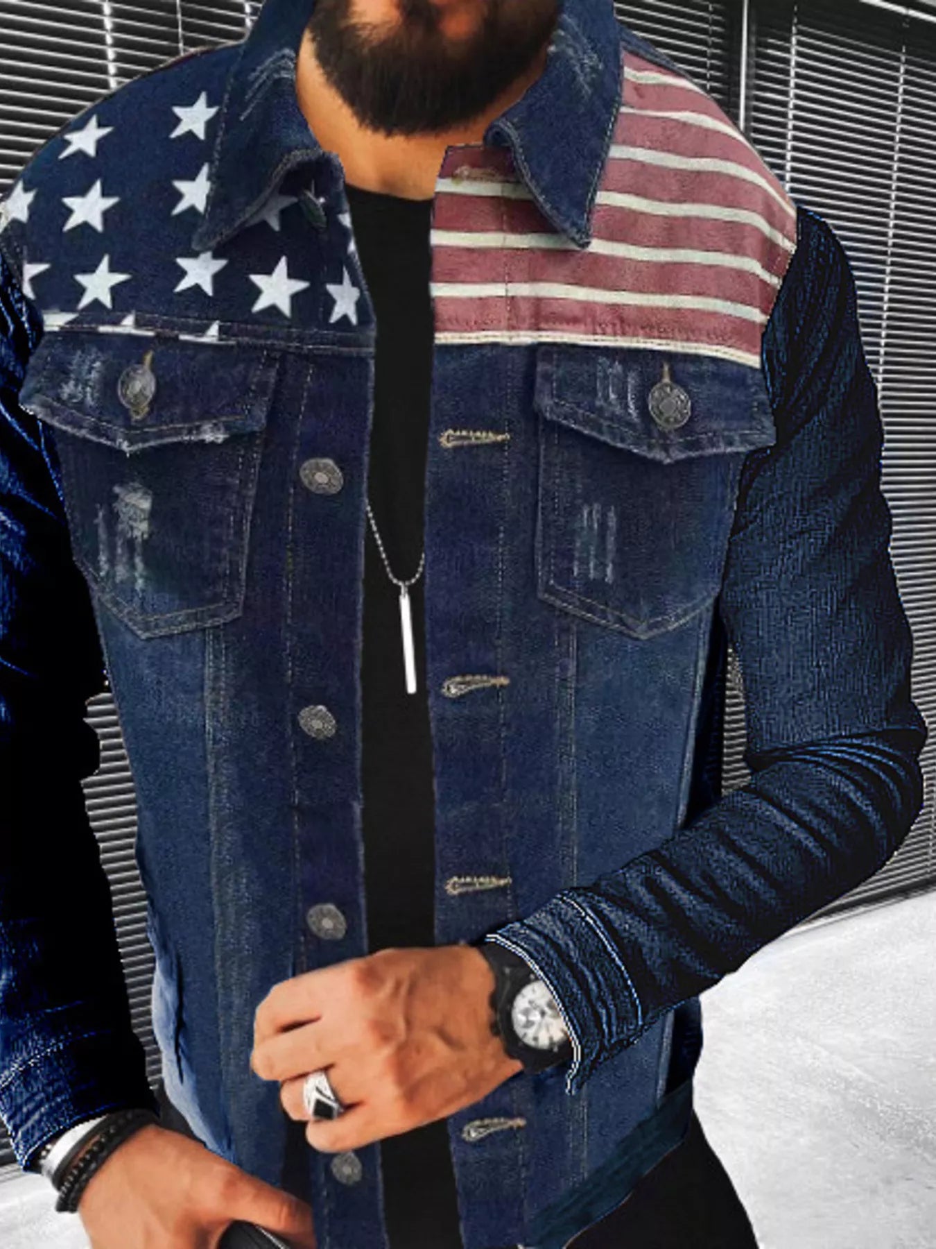 Men's Plus Size Distressed Button Up Denim Jacket