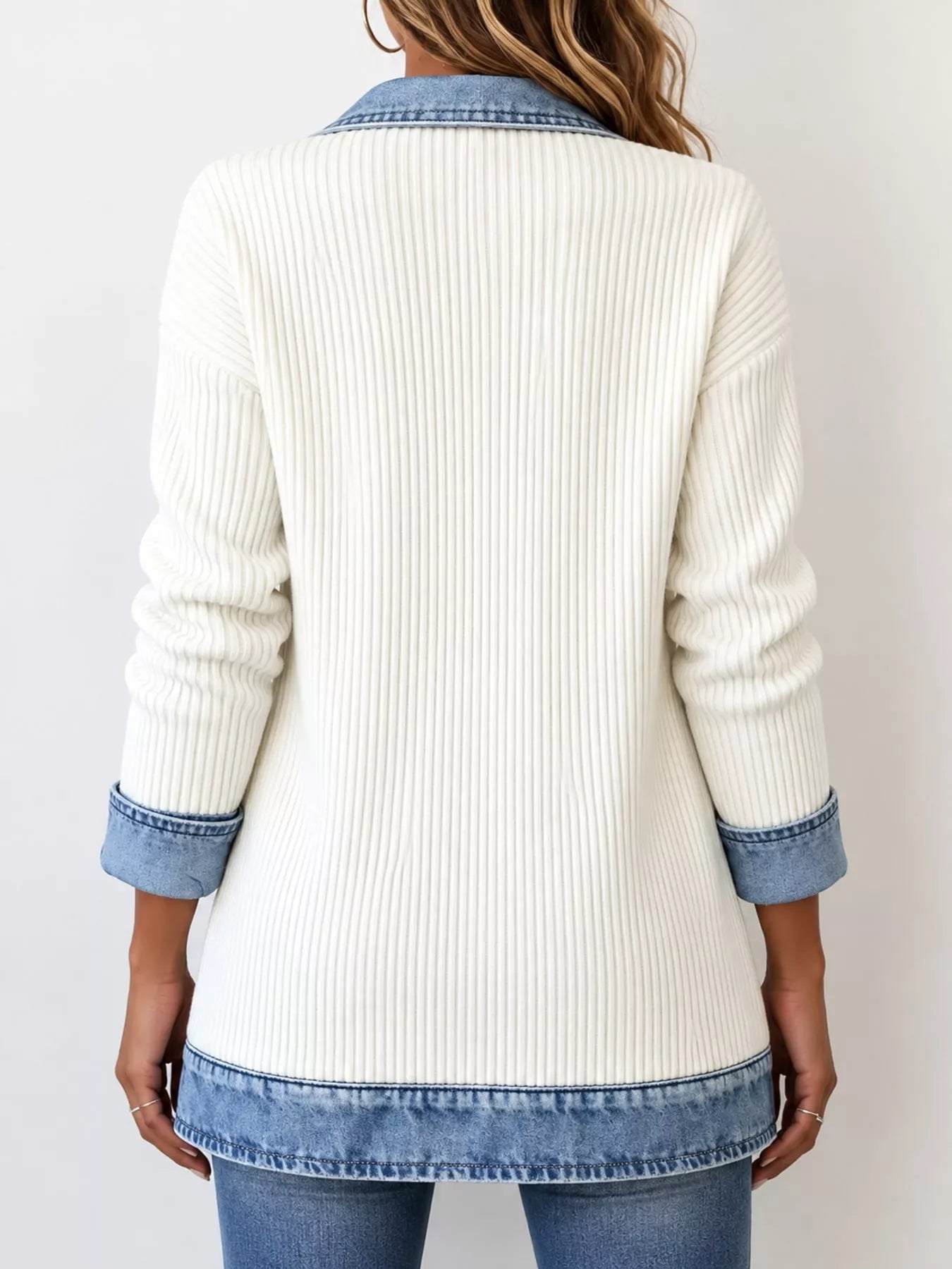 Full Size Denim Trim Ribbed Knit Cardigan Plus Size