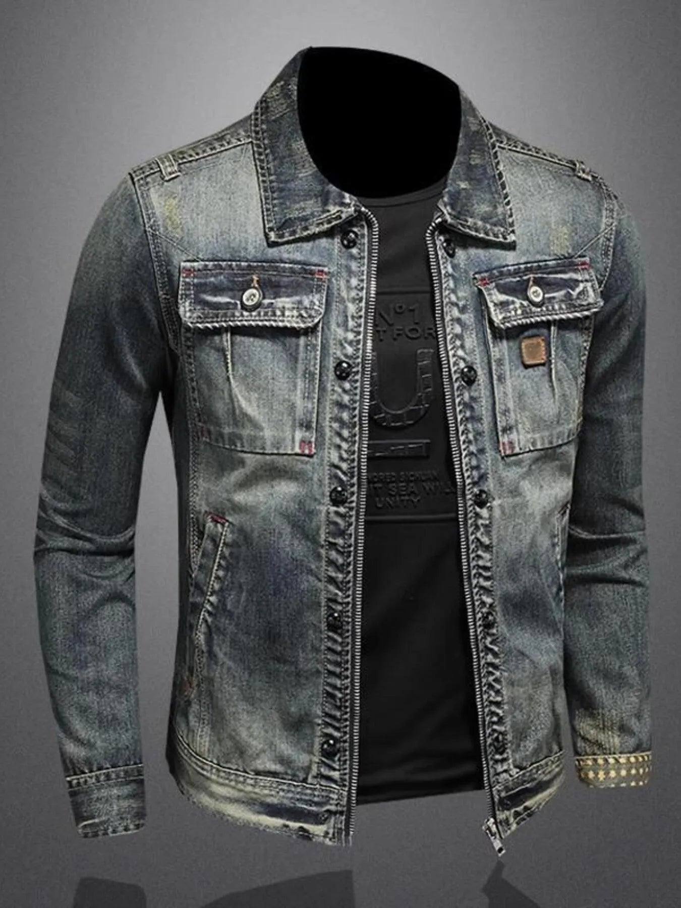 Men's Plus Size Vintage Washed Zip Up Denim Jacket