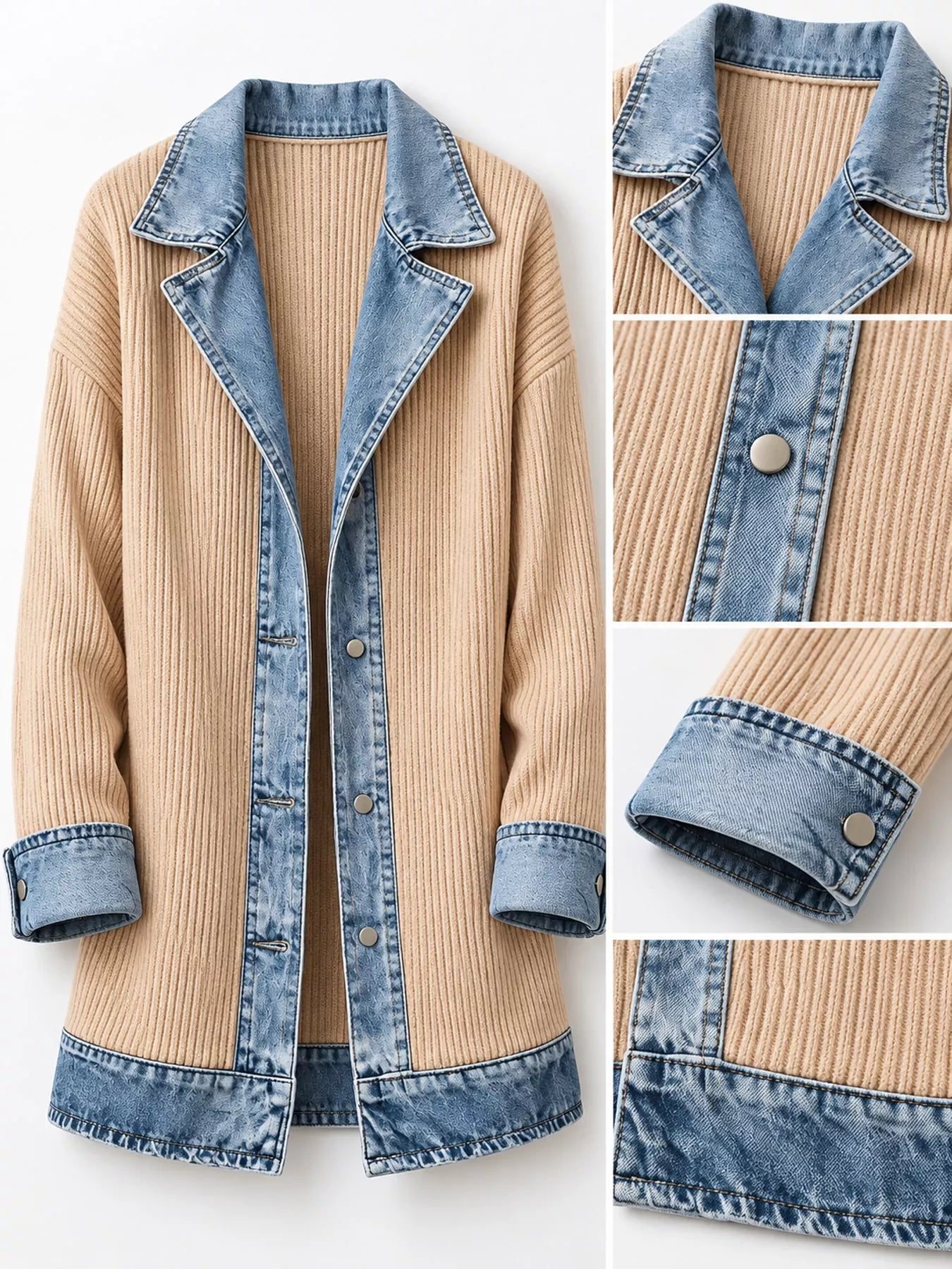 Full Size Denim Trim Ribbed Knit Cardigan Plus Size