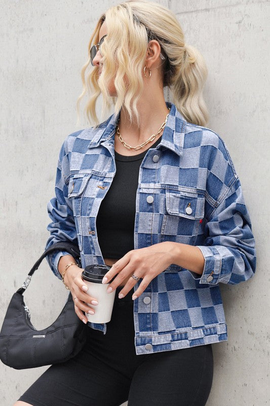 Checkered Patchwork Button up Denim Jacket