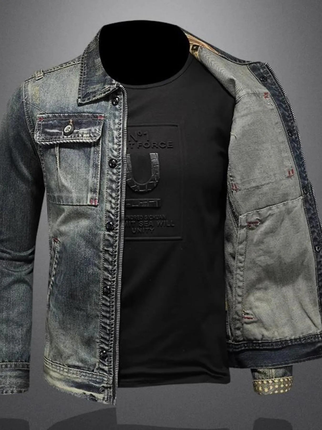 Men's Plus Size Vintage Washed Zip Up Denim Jacket
